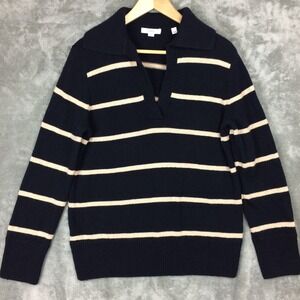 Vince Sweater Womens Medium Black Stripes Johnny Collar Wool Cashmere Blend